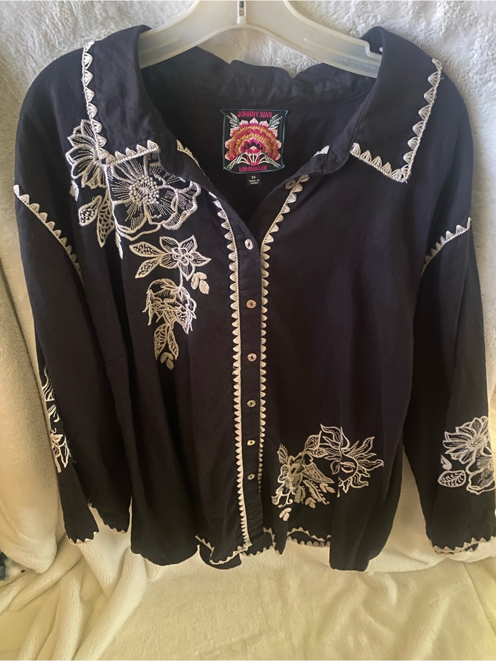 Johnny Was Black Button-Front Top with Cream Floral Embroidery